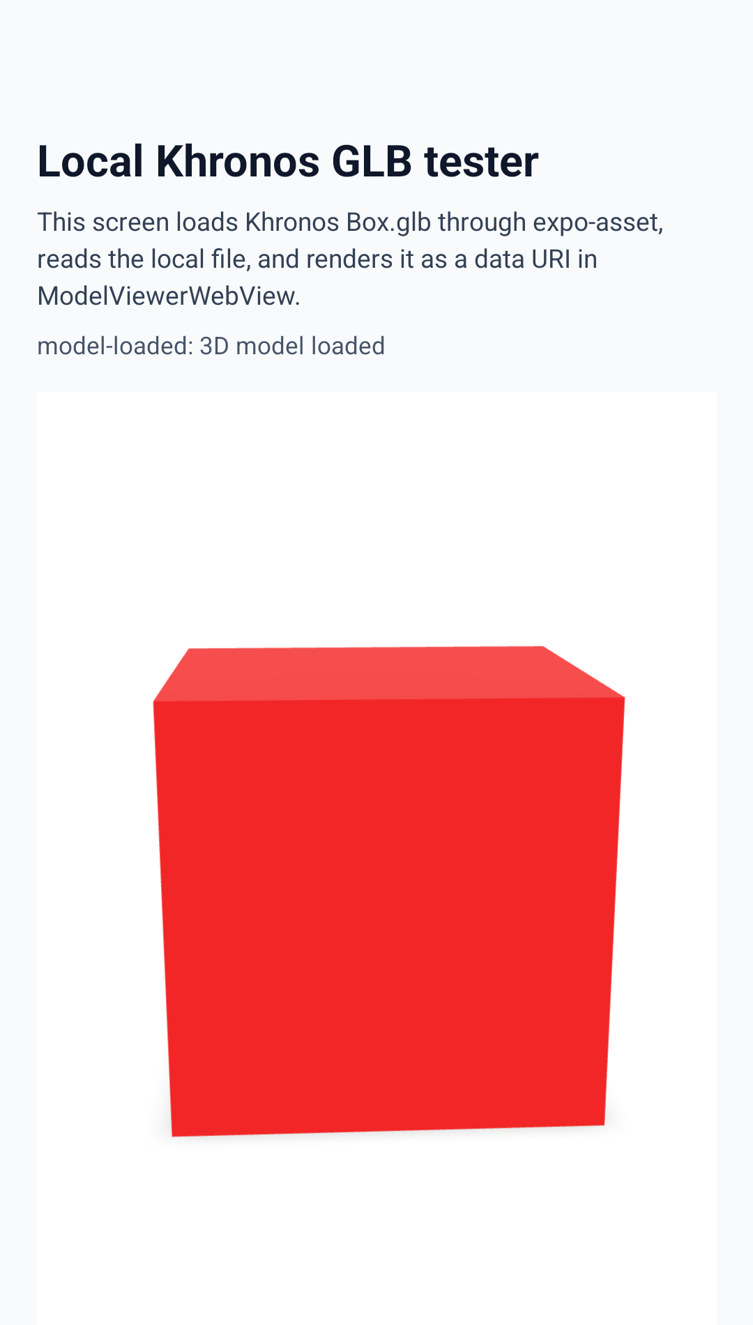 Android Expo Go smoke test showing model-loaded status and a local Khronos GLB rendered as a red cube